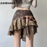 Joskaa E-girl Gothic Y2k Irregular Grid Splicing V-shape Waist Plaid Skirt Retro Personalized Lace Short Skirt Female Clothing