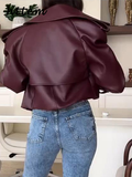 Joskaa Fashion Women's Burgundy Crop Leather Jacket Vintage Lapel Pockets Long Sleeve Coat 2024 Autumn Winter Lady Street Loose Outwear