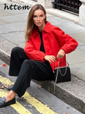 Joskaa Casual Red Short Jacket Women Loose Lapel Zippers Pockets Long Sleeve Female Coats 2024 Autumn Lady All-match Solid Outwear New