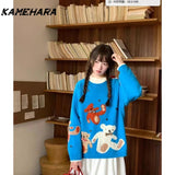 Joskaa Sweet Japanese College Style Cartoon Teddy Bear Jacquard Design Pullover Sweaters Autumn Winter Warm Knit Y2k Pullovers