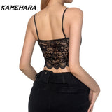 Joskaa Y2K Pure Desire Wind Sexy Lace Splicing Butterfly Tail Split Inner Bottom Tanks Top Spicy Girl Low Cut Thin Back Camis