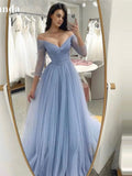 Joskaa Baby Blue A-line Evening Dress Long Sleeve Prom Dress Customized Sexy V-neck Party Dress Elegant Tulle Prom Gown 2024-(PRE-ORDER)