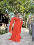 Joskaa Comfy Chiffon Cape Sleeve A-line Prom Dress Elegant Orange Deep V-neck Vestidos De Fiesta فساتين سهرة-(PRE-ORDER)