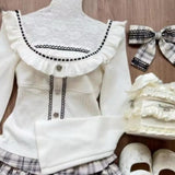 Joskaa Cute Soft Girl Style Gray White Checkered Lace Patchwork Short Skirt Bow Waist Cinching Patchwork Top Autumn Y2k Sets