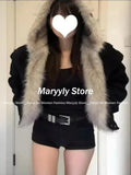 Joskaa Winter Elegant Fur Loose Coat Women Y2k Harajuku Gothic Collar Hood Thick Fashion Parkas Casual Outerwear Cotton Padded Jackets