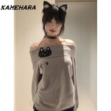 Joskaa Sweet Cute Cat Slash Neck Off Shoulder Pullovers Thin Long Sleeve Knitted Blouse Women Y2k Slim Fit Gothic Tops Mujer