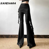 Joskaa American High Street Ballet Lace Street Cool Punk Style Capris Fake Two Irregular Tassel Straight Leg Casual Pants Y2k