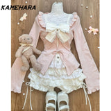 Joskaa Japanese Cute Little Fresh Camisole Y2k Subculture Pink Slimming Cardigan Fashion Patchwork Cake Skirt Three Piece Sets