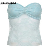 Joskaa Solid Backless Bandage Corset Top Sweet Lace Stitched Strapless Tube Tops Women Sexy Club Party Tee Y2k Camis 민소ë§?í‹?여성