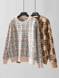 christmas outfit Joskaa Long Sleeves Loose Knitted Flower Split-Joint Round-Neck Pullovers Sweater Tops