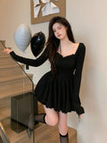 Joskaa Long Sleeve Lace Mini Dress Woman Lolita Kawaii Dress Party Casual 2025 Autumn Slim Pure Color Elegant Dress Korean Style Female