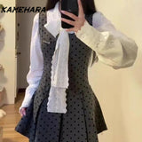 Joskaa Spring Autumn Wave Dot Dress Korean Version Bow Tie Up Shirt Women's Small Fragrant Style Mini Skirt Chic 2 Piece Sets