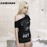 Joskaa Y2K Dark Letter Printed Diagonal Shoulder Loose Short Sleeve Millennium Spicy Girl Niche Street Sexy Backless T-Shirts