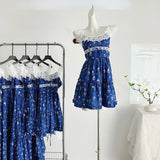 Joskaa 2025 New Vintage Blue Lace Floral Dress Woman Holiday Sext Backless Midi Dress Casual Sleeveless Korean Fashion Dress Chic