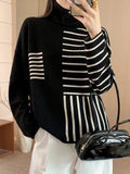 christmas outfit Joskaa Long Sleeves Loose Contrast Color Striped High Neck Pullovers Sweater Tops