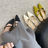 Joskaa Pointed Toe Women Slippers Mixed Solor Color Flat Heels Shallow Slip On Casual Slides Mules Shoes Black Beige Green Slippers