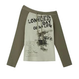 Joskaa Y2k Off Shoulder T-shirt Grunge Aesthetics Graffiti Print Long Sleeve Tee Shirt Vintage Harajuku Streetwear 90s Gothic