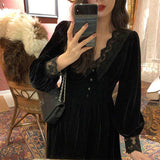 Joskaa French Vintage Dress Women Lace Velvet Black Elegant Party Dress Female Autumn 2020 High Waist Long Sleeve Midi Gothic Dress