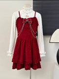 Joskaa 2025 Spring Red Velvet Dress Suit Woman Elegant Sleeveless Y2k Mini Dress Slim Casual Lace Blouse Korean Fashion Set Design