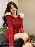 Joskaa 2025 Winter Knitted Sweater Dress Hooded Women Slim Bodycon Y2k Mini Dress Faux Fur Female One Piece Dress Korean Elegant