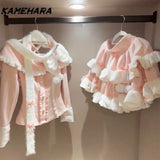 Joskaa Sweet Cute Bow Collar Dopamine Atmosphere Pure Desire Slimming Top Vintage Lolita Half Ruffles Skirt Y2k Two Piece Set