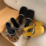 Joskaa Comfortable Soft Fur Mules Slippers Women Autumn Winter Square Heels Warm Plush Slippers Woman High Heel Faux Fur Slides