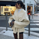 Joskaa Elegant Woolen Coat With Belt Women Loose Lace Up V Neck Long Sleeve Female Jackets 2024 Autumn Lady Fashion Commute Overcoat