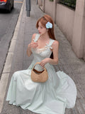 Joskaa French Vintage Backless Midi Dress Women Sweet Lace Bow Design Slim Strap Dress 2025 Summer Elegant Retro Evening Party Dress