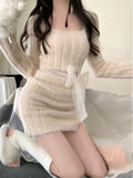 Joskaa 2025 Winter Pink Kawaii Y2k Mini Dress Faux Fur Slim Sexy Bodycon Knitted Dress Woman Elegant One Piece Dress Korean Fashion