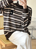 christmas outfit Joskaa Long Sleeves Loose Contrast Color Split-Joint Striped High Neck Pullovers Sweater Tops