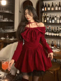 Joskaa 2025 Winter Vintage Red Velvet Short Party Dress Woman Bow Elegant Y2k Mini Dress Lolita Kawaii One Piece Dress Korean Fashion