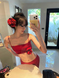 Joskaa 2025 Summer Red Sexy Holiday Dress Suit Hot Girls 2000s Sweet Casual Camios + Elegant Fashion Midi Skirt Beach Style Clothing