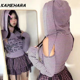 Joskaa Y2k Millennium Purple Striped Long Sleeve T-shirt Girl Spring Design Niche Spicy Girl Hooded Slim Fit Rabbit Ear Tops