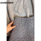 Joskaa Japanese Shibuya Grey Sweater Paired Polka Dot Mini Skirt Winter Korean Sweet Spicy Streetwear Y2k 2 Piece Sets Платье