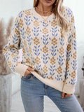 christmas outfit Joskaa Long Sleeves Loose Knitted Flower Split-Joint Round-Neck Pullovers Sweater Tops