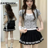 Joskaa Japanese Harajuku Sexy V-neck Horn Long Sleeve Lace Tees High Waist Bag Hip Half Body Leather Skirt Y2k Two Piece Set