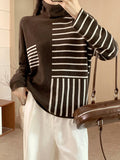 christmas outfit Joskaa Long Sleeves Loose Contrast Color Striped High Neck Pullovers Sweater Tops