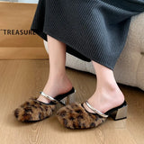 Joskaa Comfortable Soft Fur Mules Slippers Women Autumn Winter Square Heels Warm Plush Slippers Woman High Heel Faux Fur Slides