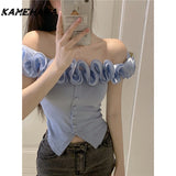 Joskaa Spring Hot Girl Y2k Lace Irregular Tee Summer Slim Fit Short Style Pure Desire Wind Sexy One Shoulder Exposed Navel Top