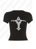 Joskaa Rock Hot Y2K Woman Crop tops emo Goth Vintage Slim Crucifix print T-shirt Aesthetic Personality Grunge Punk Streetwear Baby Tee