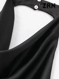 Joskaa Women Fashion Satin Flowing Halterneck Tank Tops Sexy Backless With Button Female Camis Mujer