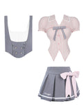 Joskaa 2025 Japanese Sweet Preppy Style Skirt Suit Women Kawaii Slim Striped Blouse + Casual Vest + Cute Bow Mini Skirt 3 Piece Set New