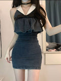 Joskaa French Vintage Denim Dress Women Causal Y2k Office Lady Slim Mini Dress Summer 2025 Korean Fashion Elegant Retro One Piece Dress