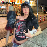 Joskaa Gothic Tee Y2k Letter Print Off Shoulder Punk T-shirt Harajuku Summer Streetwear Grunge T Shirt Aesthetic Sexy Crop Top