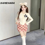 Joskaa Japanese Sweet Apricot Flip Collar Long Sleeve Top Millennium Spicy Girl High Waist Grid Hip Wrap Skirt Y2k 2-piece Set