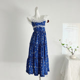 Joskaa 2025 New Vintage Blue Lace Floral Dress Woman Holiday Sext Backless Midi Dress Casual Sleeveless Korean Fashion Dress Chic