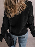 christmas outfit Joskaa Long Sleeves Loose Beaded Round-Neck Pullovers Sweater Tops