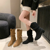 Joskaa Suede pleated autumn thick heel plus medium heel long leg fashion boots 2025  retro but knee pile boots for women