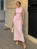 Joskaa Elegant Pleated Long Dresses Women Bodycon Sleeveless Half High Collar Back Split Long Dress 2024 Summer Lady Pink Party Robes