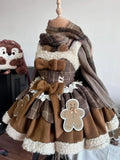 Joskaa Christmas Sweet Lolita Brown 2 Piece Sets Woman Harajuku Cape Coats + Cute Bow Dress Kawaii Warm Vintage Suit Winter Y2k Outfits